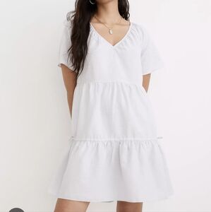 Madewell Linen Tiered Dress XS Blue V Neck Oversized Summer Beach Coastal Boho